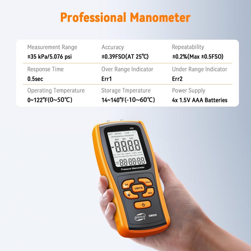Benetech Digital Manometer Gas Pressure Tester, Professional Air Pressure Meter, Differential Pressure Gauge for HVAC, Gas Valve (GM520) - Image 2